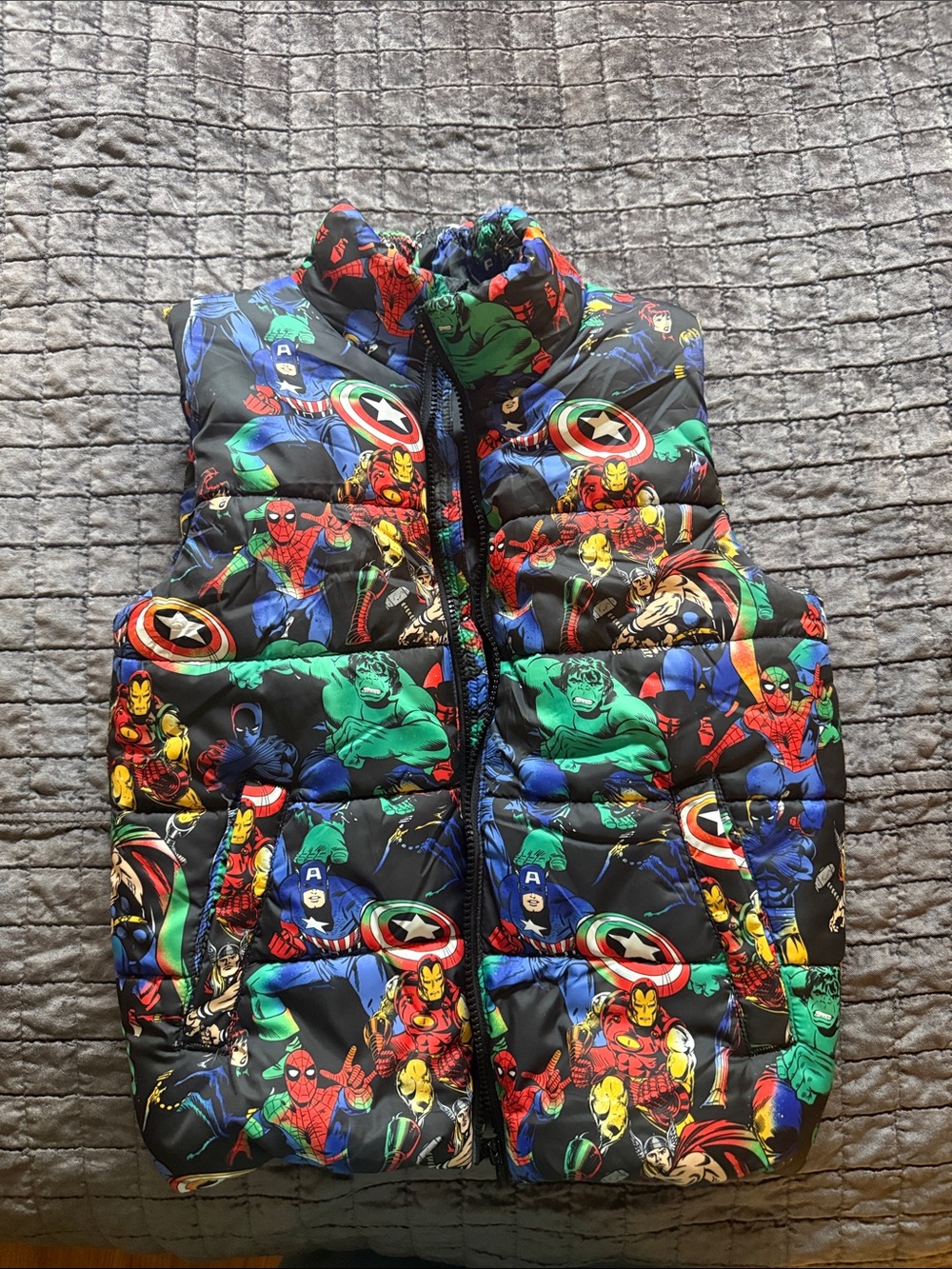 H&M Black Puffer Vest with Multicolor Marvel Superheroes